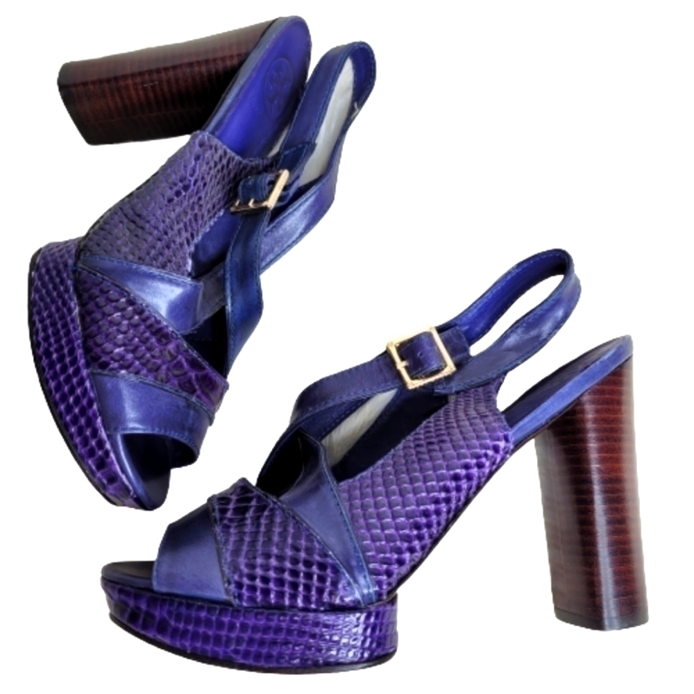 Tory Burch Purple Chunky Embossed Deidre Heels - Picture 2 of 14